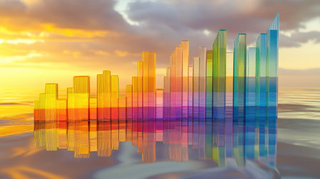 A futuristic D stock graph with layered data points, showing trends in a vibrant color palette, presented on a reflective surface for added depth.の素材