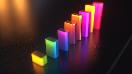 A gradient-colored bar graph with subtle shadows and reflections, giving a professional, clean look for data analysis in business settings.の素材