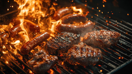 A grill filled with a variety of barbecue meats, including sausages and steaks, with flames dancing around them, creating a dynamic and appetizing scene.の素材