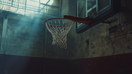 A dynamic shot of a basketball mid-air, captured just before it goes through the hoop, with the net gently swaying in the background.の素材