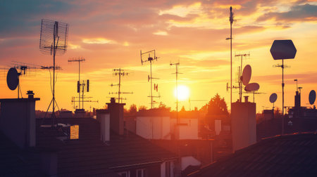 A rooftop television antenna array with various shapes and sizes, silhouetted against a bright evening sky, capturing a vintage broadcast feel.の素材