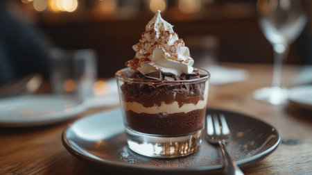 A rich brownie dessert served in a small glass bowl, layered with chocolate ganache and topped with a dollop of whipped cream.の素材