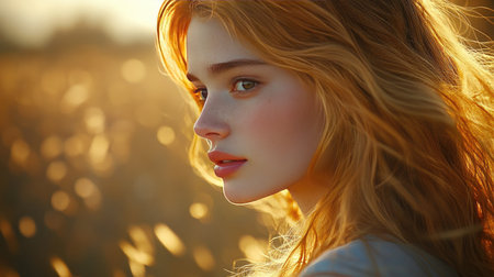 A side profile of a woman with radiant skin, her hair flowing gently, captured in soft golden light, emphasizing her facial contours and features.の素材