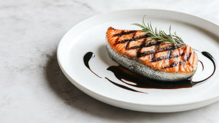 A single grilled salmon steak on a simple white plate, elegantly presented with a drizzle of balsamic glaze and a sprig of rosemary for added flavor.の素材