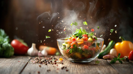 A steaming bowl of clear vegetable soup garnished with fresh herbs, placed on a rustic wooden table with scattered vegetables and spices around it.の素材