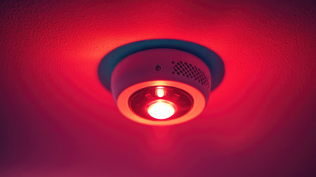 A smoke detector installed on a ceiling, with its small red light glowing, illustrating a common household safety feature in a well-lit room.の素材