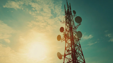 A tall red and white broadcast tower with multiple satellite dishes, set against a bright sky, symbolizing a high-frequency transmission setup.の素材