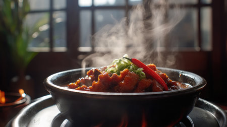A tempting view of a steaming bowl of crispy pork with a rich sauce, garnished with sliced chilies and green onions, inviting a flavor-packed experience.の素材