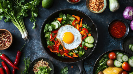 A vibrant dish of Thai-style pan-fried eggs served in a sizzling cast-iron pan, accompanied by colorful side dishes like spicy dipping sauces and vegetables.の素材