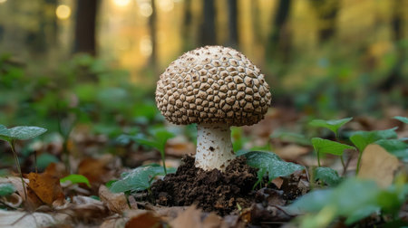 An artistic photo of a whole truffle mushroom surrounded by its natural habitat in the forest, emphasizing its organic origins and rustic beauty.の素材