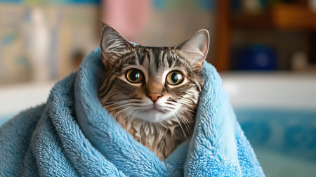A charming image of a cat wrapped in a towel after its bath, looking cozy and content, with its wet fur being gently dried in a homey, relaxed environment.の素材