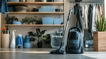 An elegant setup featuring a vacuum cleaner stored neatly in a modern home's closet, with organized cleaning supplies and a tidy environment in the background.の素材