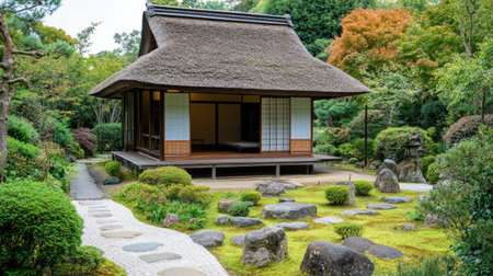 A charming photo of a traditional Japanese tea house with a thatched roof and wooden veranda, surrounded by a serene garden with carefully arranged stones and plants.の素材