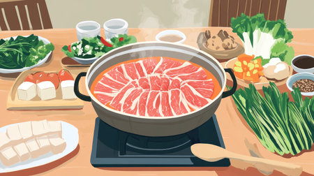 A beautifully arranged hot pot setup on a dining table, featuring a variety of ingredients like thinly sliced beef, tofu, and colorful vegetables, ready for cooking.の素材
