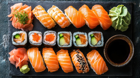 An overhead shot of a sushi platter featuring various salmon sushi rolls, nigiri, and sashimi, elegantly arranged with wasabi and soy sauce.の素材