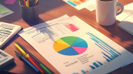 A close-up of a financial report with colorful business graphs and pie charts, surrounded by office supplies like pens, calculators, and a coffee cup.の素材