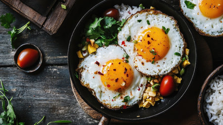 An overhead shot of a traditional Thai breakfast plate featuring , with perfectly fried eggs in a small pan, accompanied by rice and a variety of condiments.の素材