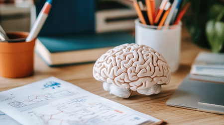 A close-up of a human brain model, with intricate details visible and placed next to educational materials, emphasizing its role in cognitive functions.の素材