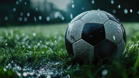 A close-up of a classic black and white soccer ball resting on a lush green grass field, with morning dew glistening on its surface.の素材