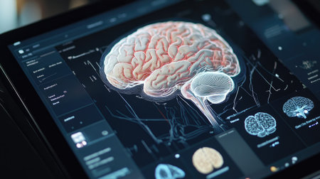 A close-up of a brain diagram on a tablet or digital device, with interactive elements and annotations showing different brain functions and regions.の素材