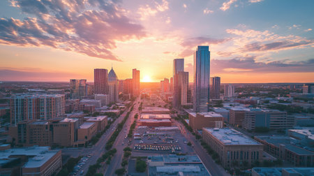 An overhead view of a bustling cityscape with the sun setting between high-rise buildings, creating a beautiful gradient of colors in the sky and casting a warm glow over the urban landscape.の素材