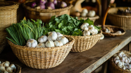 A charming scene of a traditional Thai kitchen with a basket full of fresh , alongside other ingredients like garlic and herbs, emphasizing an authentic cooking environment.の素材