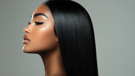 A close-up of a woman with sleek, straight hair styled into a polished look, showcasing healthy shine and smooth texture against a neutral background.の素材