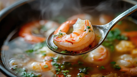A close-up of a spoonful of  being lifted from a bowl, showcasing the rich broth, shrimp, and aromatic herbs, with the soup's steam gently rising.の素材