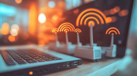 A close-up of a Wi-Fi router with multiple antennas, surrounded by modern tech gadgets like a laptop and smart home devices, highlighting a connected lifestyle.の素材
