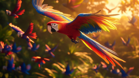 A stunning scarlet macaw soars gracefully through a vibrant tropical landscape, showcasing its colorful feathers against a backdrop of lush greenery.の素材