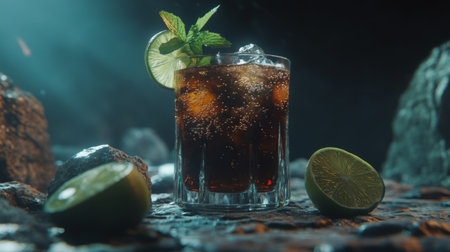 A refreshing glass of cola served with ice, mint, and lime slices resting on textured rocks, creating a vibrant and inviting scene for beverage lovers.の素材