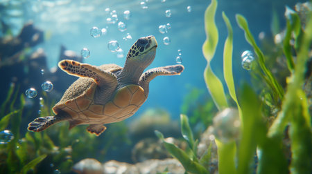 A captivating image of a sea turtle swimming gracefully amidst bubbles and underwater flora, showcasing the beauty of marine life in its natural habitat.の素材