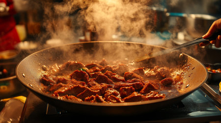Enjoy the process of cooking spicy beef in a large pan, with steam rising to create an inviting atmosphere. This image captures the essence of flavorful culinary experiences.の素材