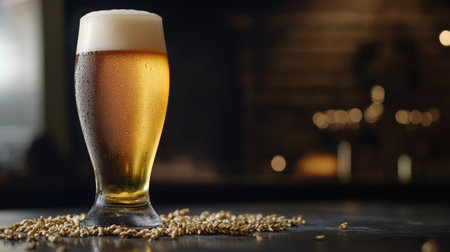 A refreshing glass of beer sits elegantly on a dark surface, surrounded by barley grains. The foam atop the golden liquid invites the viewer to enjoy this classic beverage.の素材