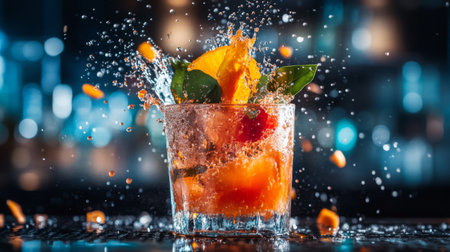 A vibrant cocktail splashes in a glass, showcasing citrus fruits and green leaves. This refreshing drink is perfect for summer parties and celebrations, enticing with its vivid colors and lively presentation.の素材