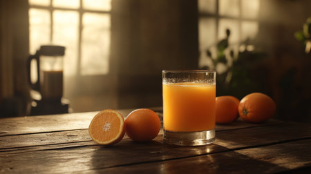 A refreshing glass of fresh orange juice sits on a rustic table, accompanied by whole oranges. Sunlight pours in, creating a warm and inviting atmosphere ideal for morning meals.の素材