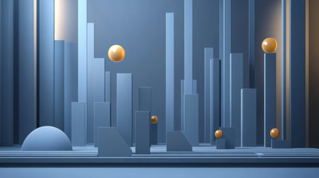 This artwork features a mix of abstract geometric shapes in blue and yellow, creating a modern, minimalistic scene. The arrangement evokes creativity and innovation.の素材