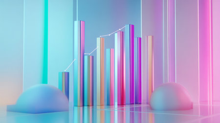 Vibrant abstract representation of a colorful bar graph amidst smooth shapes. Ideal for conveying growth, data analysis, or modern business concepts.の素材