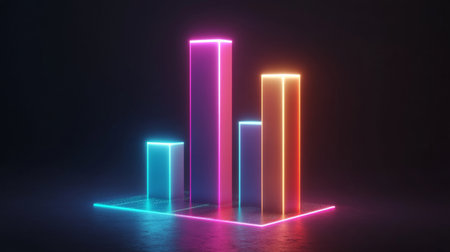 This image features a neon bars graph illuminated in vibrant colors against a dark background, ideal for any data visualization or technology-related project.の素材