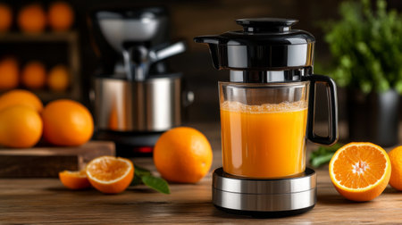 A modern juicer extracting fresh orange juice sits on a wooden table surrounded by ripe oranges. The vibrant color of the juice highlights a refreshing and healthy lifestyle.の素材