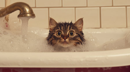 A curious cat peeks out from a bubbly bathtub filled with foam. Its wet fur and wide eyes capture a playful moment of surprise. Perfect for pet lovers!の素材