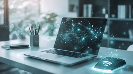 A sleek modern laptop on a stylish desk, showcasing wireless connectivity and a digital network overlay. Ideal for concepts of technology and productivity.の素材