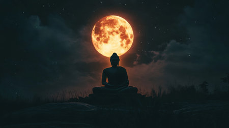 A tranquil Buddha silhouette sits peacefully under a luminous full moon, creating a serene atmosphere. The night sky enhances the meditative scene, inviting reflection.の素材
