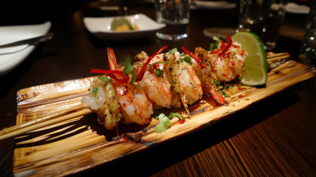 Savory grilled shrimp skewers served with lime and vibrant herbs on a wooden platter, creating an appealing and delicious seafood dish for gourmet dining.の素材