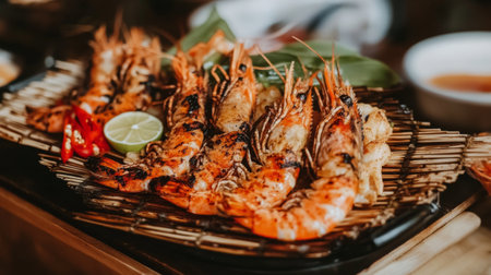 A visually stunning arrangement of grilled prawns with lime and spices on a wooden platter, perfect for summer gatherings and culinary delights.の素材