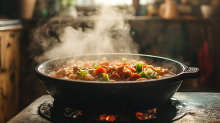 A bowl of rich chicken noodle soup with carrots and celery, with steam rising, creating a warm and comforting atmosphere on a rustic table.の素材
