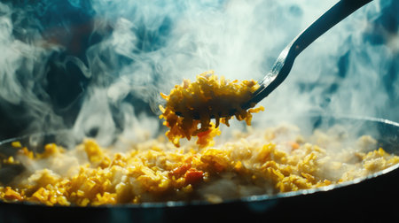 A close-up of a forkful of steaming hot fried rice, showcasing the grains and vibrant ingredients, inviting viewers to indulge in this savory dish.の素材