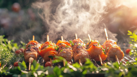 An artistic presentation of skewers being removed from the grill, with steam rising and a background of fresh herbs and spices for a vibrant look.の素材