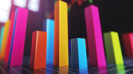 A conceptual D bar graph representing market analysis, with tall, slender bars in vibrant colors and a subtle grid pattern on the background for context.の素材