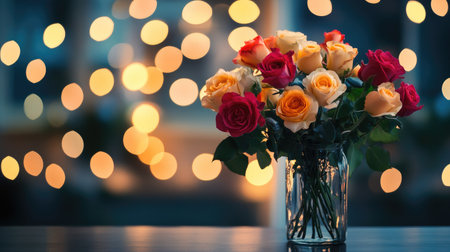 A vibrant arrangement of assorted colored roses in a glass vase, beautifully presented on a table with a blurred background of soft lights, symbolizing love and affection.の素材
